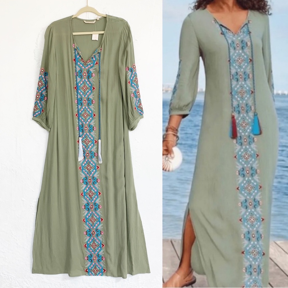 Soft Surroundings Sicily Gauze Embroidered Maxi Dress in Olive Sz M